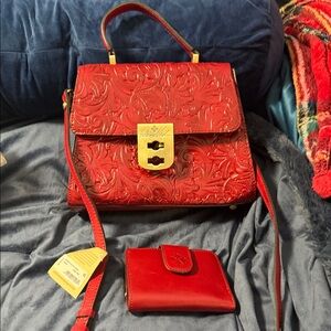 Red Top-Handle Patricia Nash  Bag with Gold Lock tooled leather matching wallet